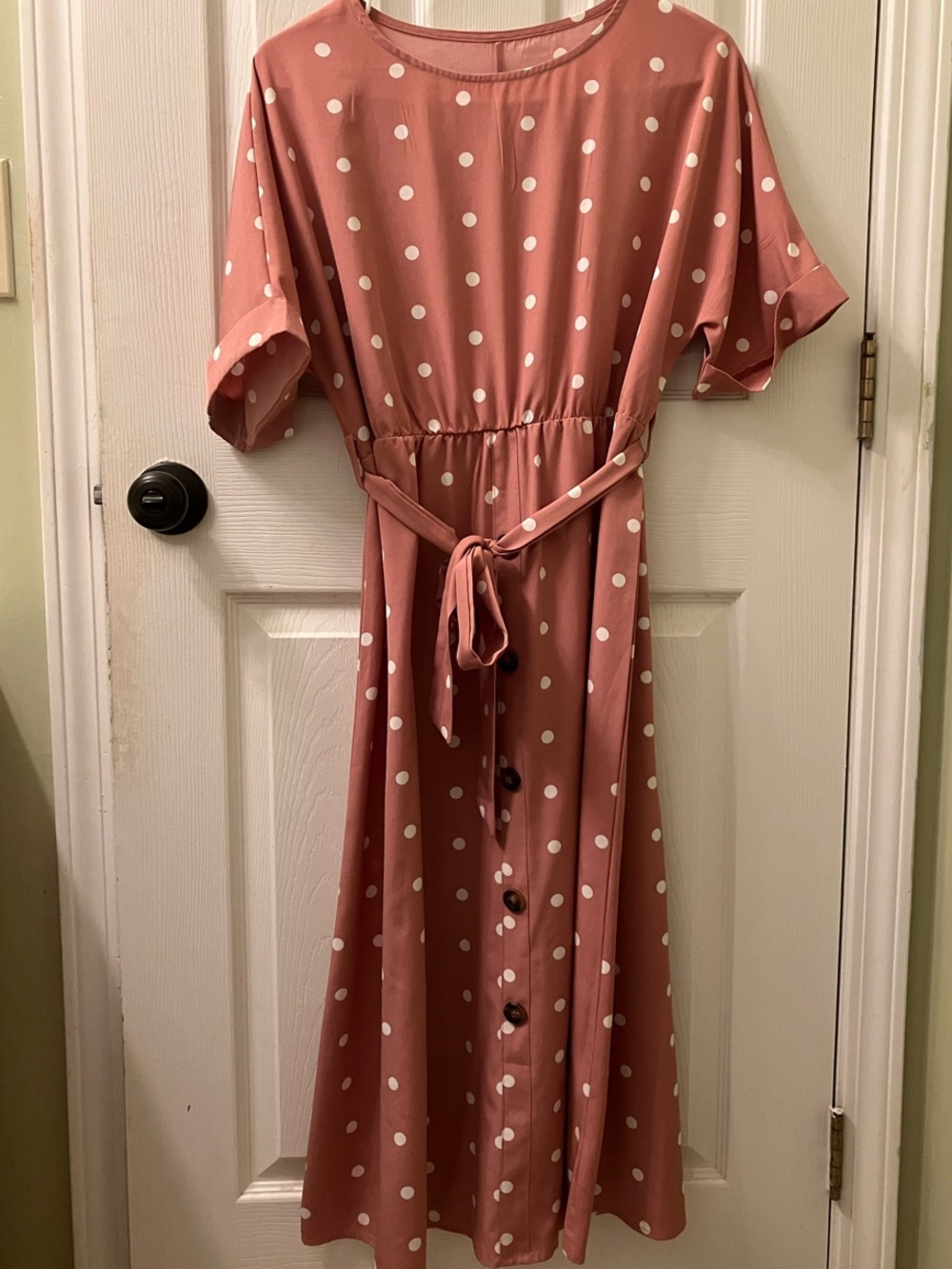 Polka Dot Tie-Waist Midi Dress in Dusty Rose